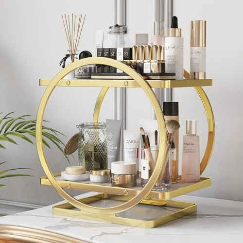 COVAODQ 2-Tier Gold Make Up Stand For Dresser,Bathroom Countertop Organizer,Bathroom Skincare Organiser Counter Shelf, for Dresser, Bathroom, Countertop and More