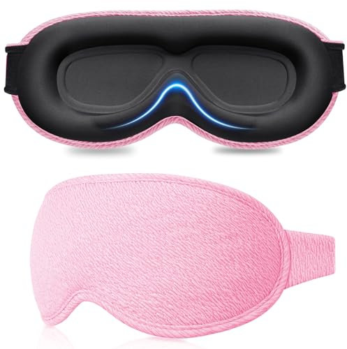 Gritin 3D Schlafmaske für Seitenschläfer, Upgrade Atmungsaktive Schlafbrille mit Verstellbar Gummiband, Lichtblockierend, Bequem & Ergonomisch Augenmaske, 2 Paar Ohrstöpseln, Rosa