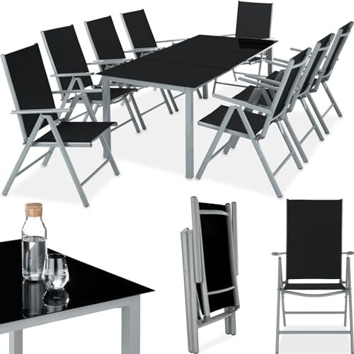 TecTake® Salon de Jardin Extérieur en Aluminium - 8 Fauteuils Inclinables Pliables, 1 Table - Facile d'Entretien, Mobilier pour Aménagement Balcon Terrasse