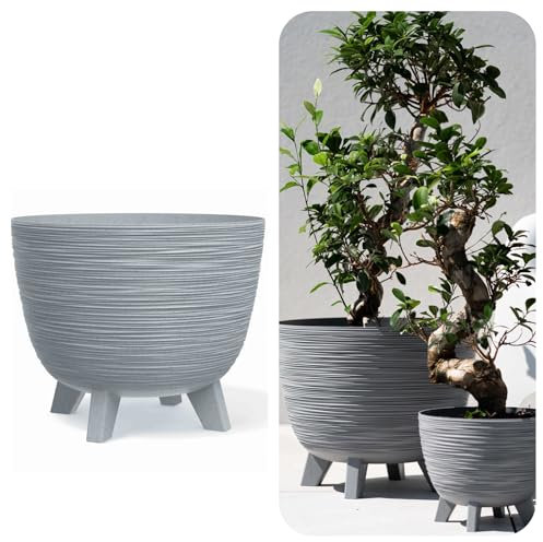 MELTOM Blumentopf mit Füßen aus Kunststoff Schale Rund Kräutertopf 3D Rillen (Grau, S-24cm)