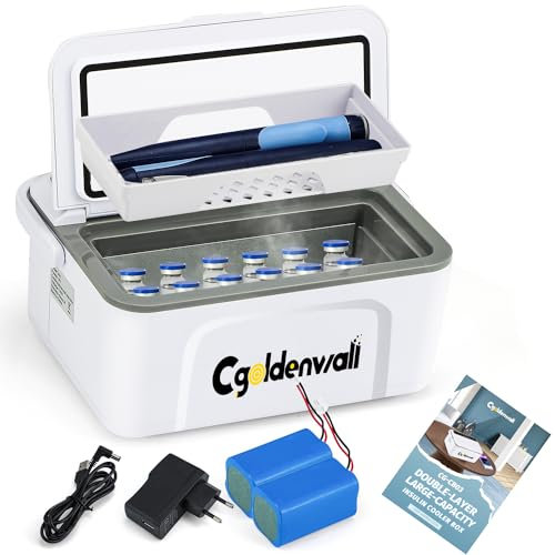 12 Horas Caja Nevera Portátil para Insulina para Max.12 Bolígrafos, 19*8*7cm Capacidad Interna 0-8℃ Ajuste con 2 Baterías 5V 13600MAH Mini Refrigerador de Medicina para Uso en Casa En casa y fuera