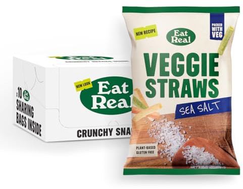 Eat Real Veggie Straws Sea Salted 10 x 110g Sharing Bag Multipack | Sea Salted Veggie Straws, 10 x 110g Sharing Bag Multipack, Gluten Free, Rice-Based, Low Calorie, Healthy Snack