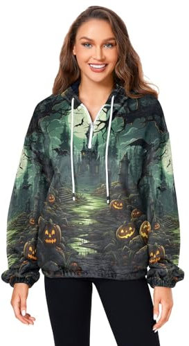 KAAVIYO Citrouille d'halloween Forêt Sombre Manteau Doux en Fleece à Poches pour Femme - Sweatshirt Oversize Confortable Pull à Capuche
