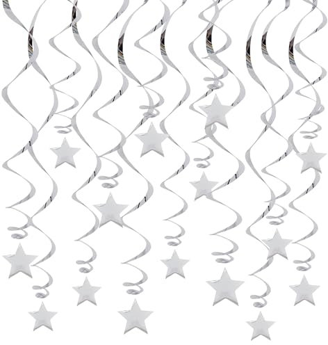 RIBBOOO Silber Hängende Reflektierende Stern Papier Girlande, 15 PCS Silber Stern Glitter Girlande Streamer für Graduation Hochzeit Baby Dusche Dekorationen, Pack von 15