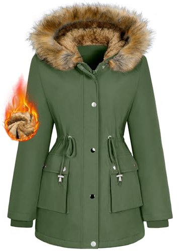 Xnova Parka Femme Hiver Chaud Imperméable, Manteau avec Zippé Manches Longues Veste Polaire Epaissé Chaude à Capuche, Classique Longue Jacket coupe-vent Blouson pour l'extérieur (Vert, M)