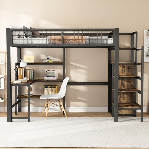 Merax Letto a soppalco 90 x 200 cm, con telaio in ferro con scrivania e armadio, dotato di griglie laterali e scala di sicurezza, ideale per cameretta dei bambini o dormitori per adulti, nero11
