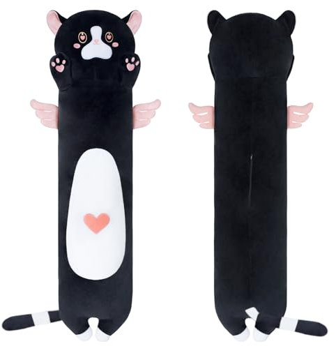 Yeqivo Peluche cojín largo gato Kawaii para niña – Plush cojín peluche gato para cama y sofá (90 cm ángel rosa)