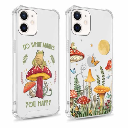 Yomjew 2 Pack Clear Floral Phone Case for iPhone 12 Mini 5.4 inches, Cute Butterfly Frog Mushrooms Pattern Case Protective Soft Slim Shockproof Silicone TPU Yellow-Resistant Cover for Girls Woman