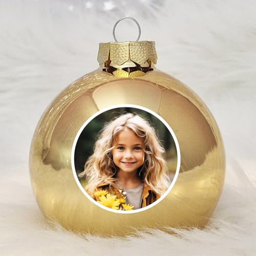 Deine personalisierte Weihnachtskugel | Christbaumkugel mit eigenem Foto und individuellem Wunschnamen, Echtglas 8 cm (02_Gold, 1 Seitig (Nur Foto))