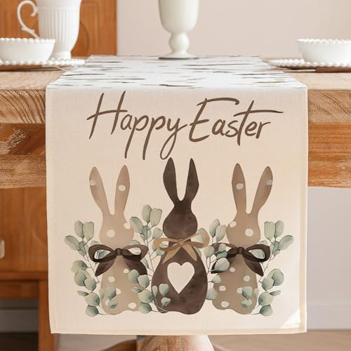 Jayusaror Ostern Tischläufer DREI Häschen Frühling Eukalyptus Saisonnal Waschbarer Modern Kleine Tischdecke Tisch Läufer für Kaffee Esszimmer Kommode Beistelltisch Schlafzimmer Party Deko 33 x 183 cm