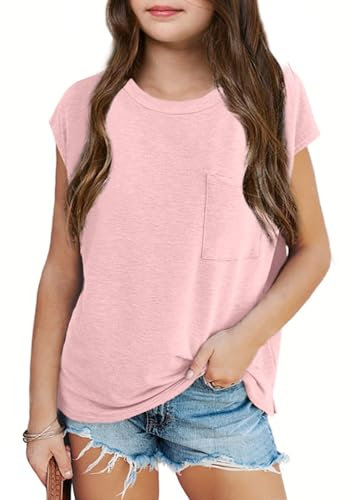 Haloumoning T-shirt pour fille à col rond à manches courtes avec casquette et manches - Léger - Couleur unie - Avec poche poitrine - Haut d'été - 7-14 ans, Rose, 10-12 ans