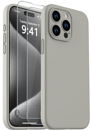 CASELIVE for iPhone 15 Pro Max Case, Liquid Silicone Case with [Tempered Glass Screen Protector] Full Body Shockproof Anti-Scratch Soft Microfiber Lining Cover for iPhone 15 Pro Max 6.7''(Gray)