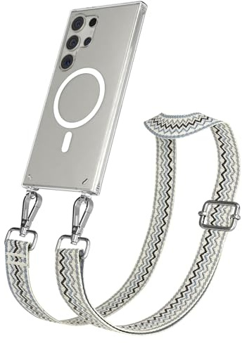 EAZY CASE Handykette - Verstellbares Taschenband kompatibel mit Galaxy S24 Ultra, Schulterriemen, Handykordel Silikon Hülle, Qi Charging kompatibel, Umhängetasche, Wellen - Beige Blau Metall Silber