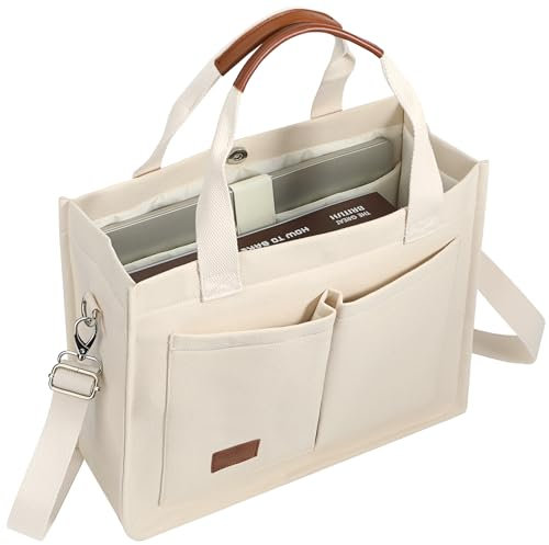 Voova Large Canvas Tote Bag for Women, Ladies Work Bags with 13-14” Laptop Compartment & Shoulder Strap, Shoulder Bag Handbag Totes for School Work Travel, Beige