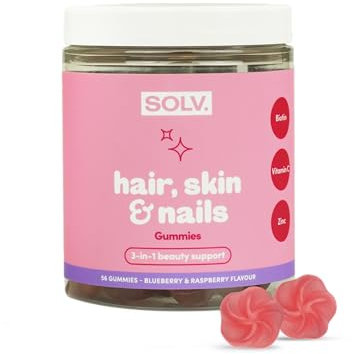 SOLV Hair, Skin & Nails Vegan Gummies – 5000µg Biotin with Vitamins A, C, D, E, B6, Zinc – Hair Growth, Skin & Nail Support – 56 Vegan Gummies – Blueberry & Raspberry Flavour – UK Supplement (56)