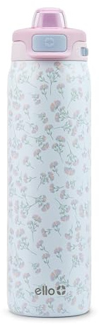 Ello Pop & Fill 650ml Stainless Steel Water Bottle with QuickFill Technology, Double Wall and Vacuum Insulated Metal, Leak Proof Lock Lid, Straw and Chew, Reusable, BPA Free, Calm Flower