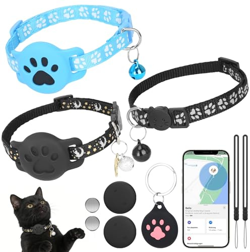 2x Cat Tracker für iOS Android, 3 GPS Cat Tracker Halsbänder ohne | Katzen-GPS-Tracker, keine monatliche Gebühr, globale Abdeckung, Echtzeit-Tracking mit Glocken, Anhänger, Ersatzbatterie