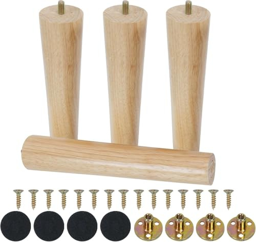 Slwnrc 4 Pièces 30cm Pieds de Meubles Bois Coniques en Chêne Massif Pieds de Table en Bois Pieds D'armoire Pieds de Canapé avec Plaque de Montage, Vis pour Canapé, Lit, Meuble TV, Table