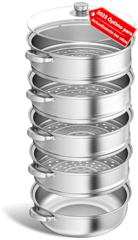 Vaporera de acero inoxidable de 28 cm con cesta vaporera, batería de cocina de 3/4/5 niveles con tapa para cocinar verduras, mariscos, sopas, guisos y pastas (4)