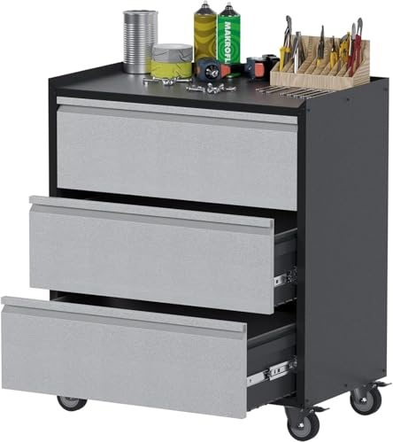 GarveeHome Werkzeugschrank mit 3 Schubladen, Metallschrank mit Rädern Mobiler Werkstattschrank für Garage, Werkstatt, Zuhause, Büro, Geschäft,95 cm (T) x 54 cm (B) x 26 cm (H)