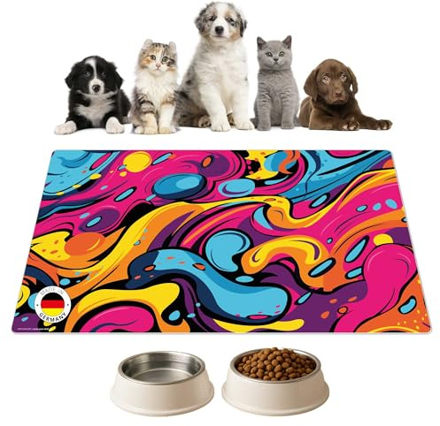 Napfunterlage | Futtermatte für Hunde und Katzen „Buntes Graffiti “ aus Premium Vinyl - 60x40 cm – rutschhemmend, abwaschbar, reißfest - Made in Germany