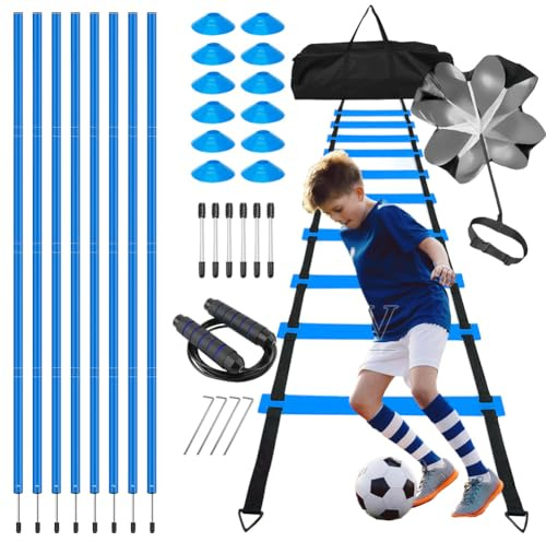 DASIAUTOEM Fussball Trainingszubehör Set, Slalomstangen Fussball Trainingszubehör mit 6 Slalom Poles, Fußball Trainingsset mit 5m Koordinationsleiter und 10 Kegel für Koordinationstraining, Slalom