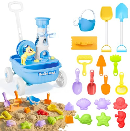 deAO Carretilla de Juguete para Niños, Set de Playa y Jardinería 21 Piezas - Incluye Carretilla, Rastrillo, Pala, Regadera, Molde de Agua y Moldes de Arena - Juguete Exterior para Niños 3 4 5 6 7 Años