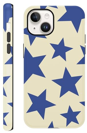 Tivkofk Cute Print Case for iPhone 14/iPhone 13 6.1, Preppy Girly Aesthetic Dsign Star Pattern for Girl Women, Shockproof Slim Soft TPU and Hard PC Frosted Double Protective Cover, Blue