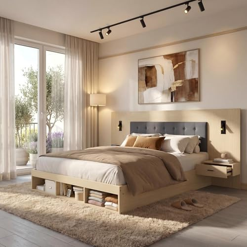 okwish Stauraumbett 180x200 mit Nachttischen, Leselicht & USB, Helle Eiche | Doppelbett 180x200 cm mit Offene Ablagefächer, Versand in 3 Paketen, ohne Matratze