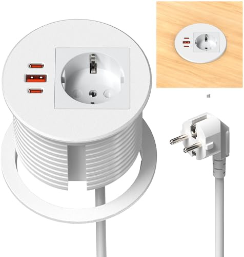 Prise encastrable Plan de Travail avec 2 USB-C PD 35W, Ø80 mm | Multiprise encastrable avec USB-A QC30W, 1 prise 16A/3680W, câble 1,8 m, bureau et cuisine, blanc