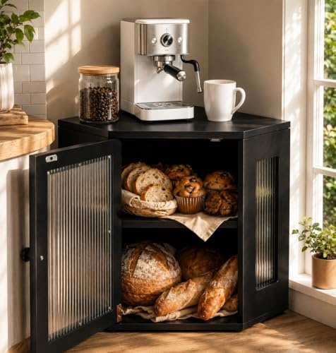 Portapane Angolare Nero a 2 Piani con Pannelli in Acrilico, 32 x 32 x 35 cm | Contenitore per pane salvaspazio con ripiano regolabile in altezza e finitura scanalata, ideale per l’angolo della cucina.