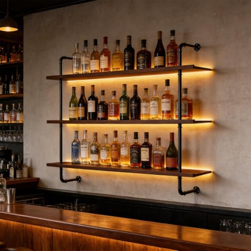 Dernoing Weinregal Wand, Industrieller Massivholz Weinpareite Display Rack, 3 Ebenen Weinflaschenhalter Wandmontage, schwebendes Barregale Wand für Zuhause, Bar Deko, Küche (80cm)