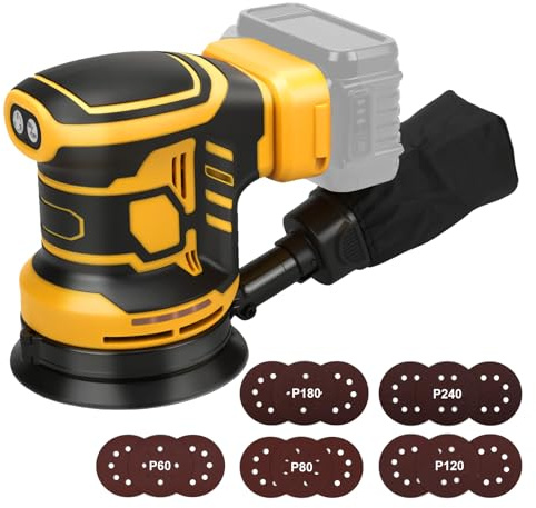 Random Orbital Cordless Sander Compatible with Dewalt 18V 20V (No Battery), 5 / 125mm Palm Sander with 15pcs Sandpaper, 3 Variable Speeds, Dust Collector for Woodworking Polishing Sanding