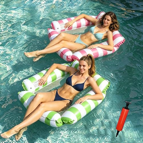 Paquete de 2 hamacas inflables para piscina, hamaca de agua multiusos 4 en 1 con 1 bomba de aire, asiento de malla y colchón de sofá para adultos, piscina de verano, playa, río perezoso