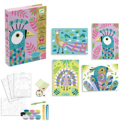 Djeco DJ08663 Kreativ Set Sandbilder Dazzling Birds mit Glitzersand, 6y+, Multicolour