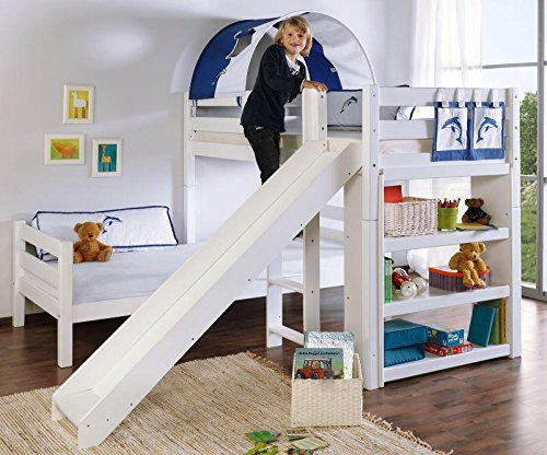 Froschkönig24 Etagenbett mit Rutsche Beni L Kinderbett Spielbett Bett Weiß Stoff Weiß/Delfin
