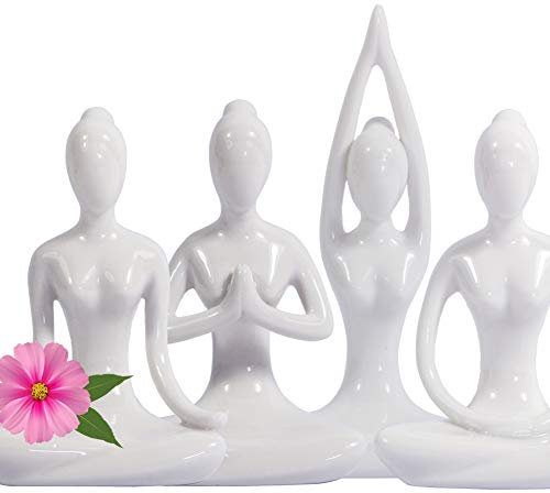10,8 cm weiße 4 Stück Home Dekorative Porzellan Keramik Yoga Pose Figur Statue, Meditationsraum Lehrer Sammlung Geschenke für Yoga-Liebhaber Frauen Yogi Freak