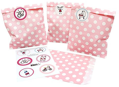 Frau WunderVoll® 48-teiliges Baby Shower Mädchen Set 7, 24 Papiertüten (13 x 16,5 cm) + 24 Aufkleber (Ø 4 cm) / Geburtsparty Mädchen, Geschenk,Candybag Baby-Shower, Candy-bar, Gastgeschenk, Babyparty