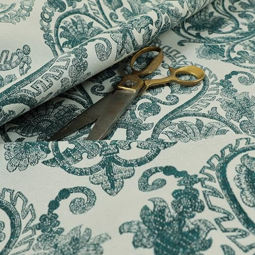 Tessuto per tappezzeria di qualità, tessuto piatto, motivo damascato verde acqua, grande (al metro)