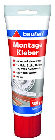 Baufan Colle de Montage - 300g I Colle Haute Résistance pour Bois, Panneaux Isolants, Plinthes et Carreaux Muraux en Céramique I Sans Solvant