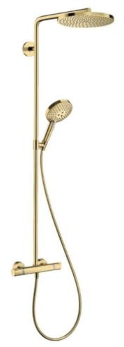 hansgrohe wassersparendes Duschsystem Raindance Select S 240 PowderRain Regendusche (Duschkopf, Duschkopf, Duschstange, Thermostat, Schlauch, 3 Strahlarten) Polished Gold Optic