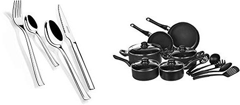 Monix Europa - Set de cubiertos 24 piezas de acero inoxidable con cuchillo chuletero, acabado pulido brillo. + Amazon Basics - Juego de utensilios de cocina antiadherentes, 15 piezas