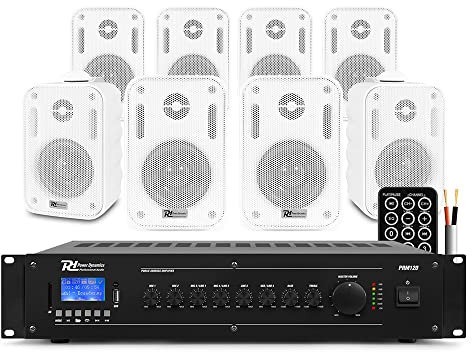 Power Dynamics BC30V 100V Line Wall Speaker Set with PRM120 Mixer Amplifier, Complete Outdoor Audio System for Gardens, Cafes & Shops, Wireless Bluetooth Streaming, Waterproof, Set of 8 - White