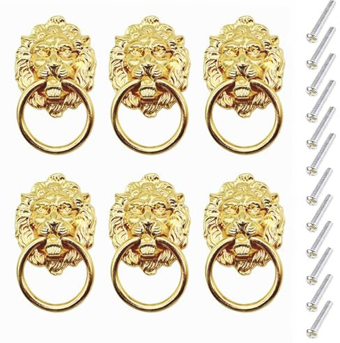 YankMooM 6 Pack Lion Head Drawer Handle,Antique Handles Gold with Srews Antique Style Furniture Handle for Dresser Drawer Cabinet Jewelry Box