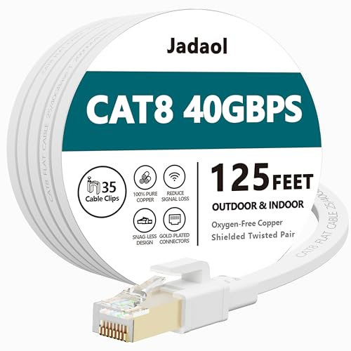 Cat8 Ethernet Cable 125 ft (38.1m), Outdoor&Indoor, Flat 40Gbps 2000MHz S/FTP Cable, Heavy Duty Internet Cord, UV Resistant Weatherproof Shielded RJ45 for Router, Modem, Switch, Gaming, PC, TV, White