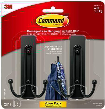 Command 17036MB-2ES Large Wall Hooks, 2 Pack, Matte Black