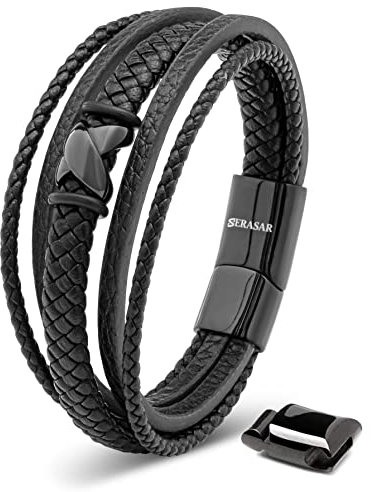 SERASAR Armband Herren 20cm Schwarz Männer Leder Armreif Lederband Herrenarmreif Armschmuck Schmuck Herrenschmuck Armkette Flecht Wickelarmband Kette Leather