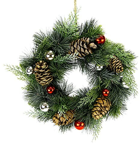 Dekorierter Tannenmix-Kranz mit Zapfen und Kugeln Weihnachtskranz Tanne Zweige Zypresse Immergrün Tannenkranz Weihnachtskranz Fertig geschmückter Kranz Türkranz Deko Weihnachtsdeko Christbaumkugeln