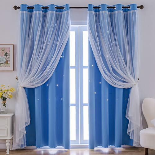 indistar Stern-Ausschnitt Kinderfenster Verdunkelungsvorhänge für Mädchen, Schlafzimmer, Fensterzimmer, Verdunkelungsvorhänge und Vorhänge, Baby-Kinderzimmervorhänge (2 Paneele, 132 x 240 cm, Blau)