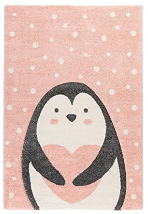 Qiyano Teppich für Kinderzimmer Spielmatte mit Tiermotiv Panda-Bär Bär Hase Pinguin Kinderteppich für Junge und Mädchen, Motiv: Pinguin, Farbe: Rosa, Größe: 80 x 150 cm